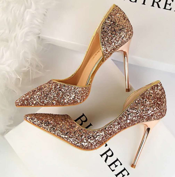 Fashion Classic Design Crystal Shoes Golden Wedding Shoes Bride Side Hollow Silver High-heeled Shoes Slim-heeled Sequined Single Shoe Woman