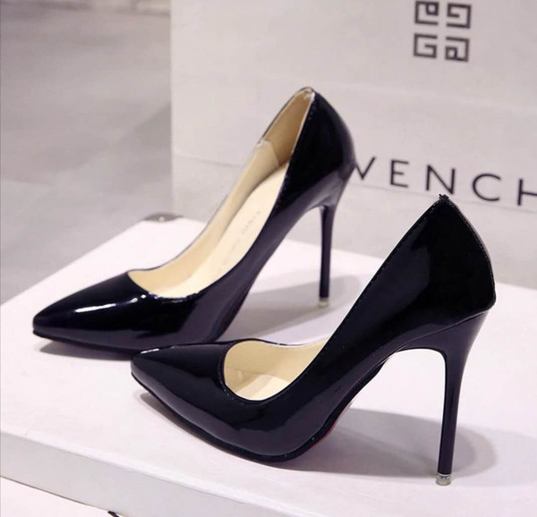 European Station Bare Fine-heeled High-heeled Tip Black Working Single Shoes Lacquer Blue Large Size Shoes Red Wedding Shoes