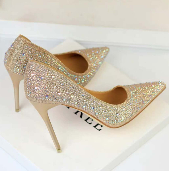 New Women's Crystal High-heeled Shoes Bride's Wedding Garment Gold and Silver High-heeled Shoes with Fine-heeled Tips and Diamond Single Sho