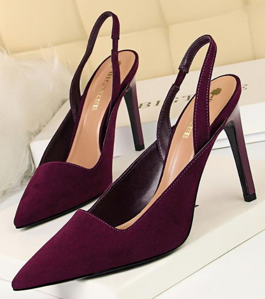 Fashion professional women's shoes with high-heeled suede shallow mouth pointed back with hollow shoes dashu53