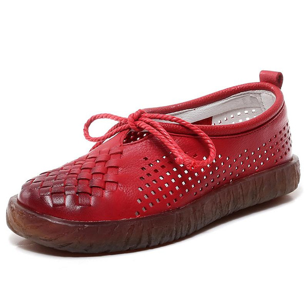 Hot Sale- Handmade Shoes Women Flat Lace Up Moccasins Mother Soft Genuine Leather Ladies Shoes Handmade Flats Hollow Casual Women Shoes