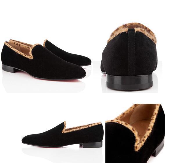 Black suede round head leopard leather shoes Wedding Dress Dandelion Oxfords Flat Mens Business Slip On Red Bottom Man Loafer ShoesSize35-46