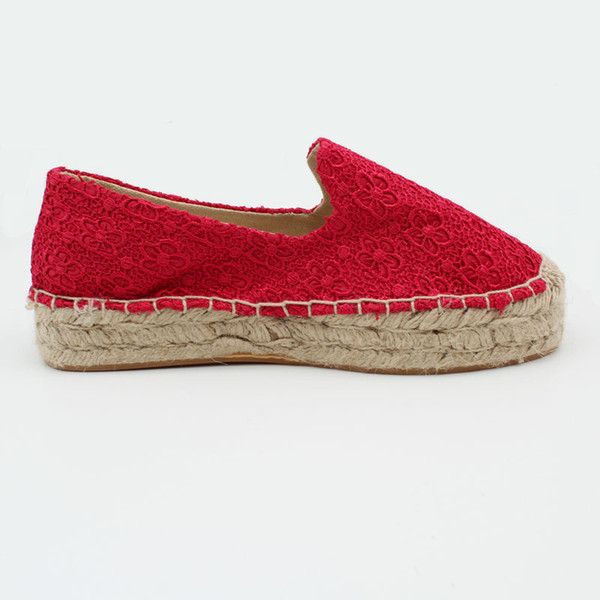 Hot Sale-Women Fashion Handmade Lace Espadrilles Slip on Casual Canvas Loafers Ladies Flat platform Shoes