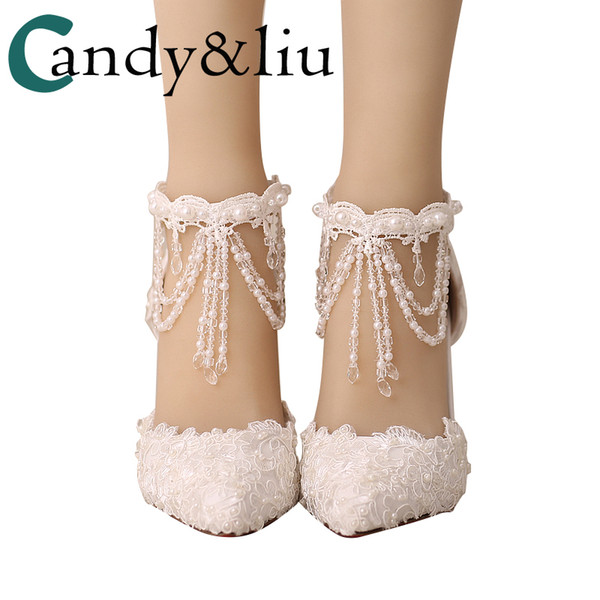 Wedding Shoes Female Sandals Clear Crystal Tassel Pearls Luxury Lace Embroidery White Red Pointed Bride Shoes Girls Favorite