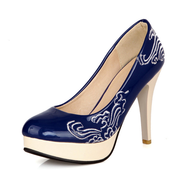 Sexy Fashion Large Size Women's Super Stiletto Heel Round Toes Lacquer Surface Embroidery Waterproof Handmade Shoes