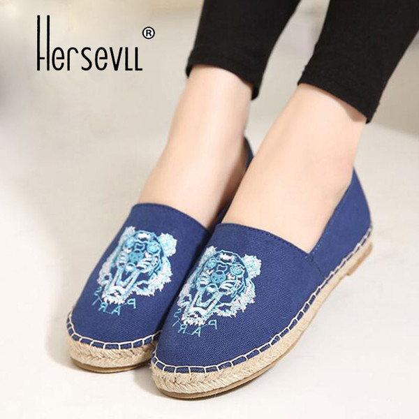 Fashion women's Loafers Slip on Flat Heel Hemp Sole woman Espadrilles tiger head Print Fisherman Canvas Women's Shoes