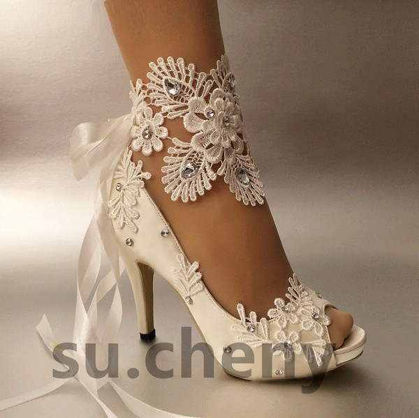 Women Fashion ivory ribbon open toe Wedding shoes heel ballet lace flower Bridal Bridesmaid shoes size 35-42