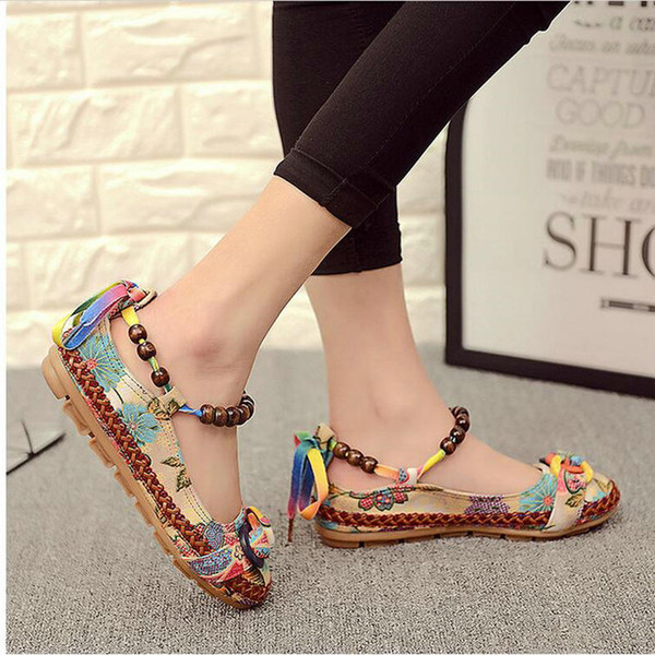 Plus size42 Casual Flat Shoes Women Flats Handmade Beaded Ankle Straps Loafers Zapatos Mujer Retro Ethnic Embroidered Shoes000