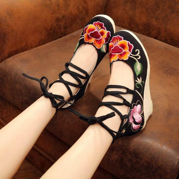 New fashion Women Ethnic Lace Up Beading Round Toe Comfortable Flats Colorful Loafers casual embroidered cotton shoes Lace up high heels