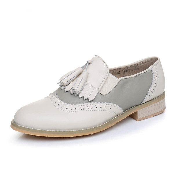 Genuine leather big woman designer vintage flats shoes handmade black beige white oxford shoes for women with fur