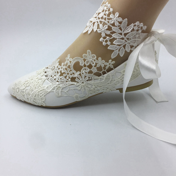 Handmade Women white ribbon Wedding shoes flat ballet lace flower Bridal Bridesmaid shoes size EU 35-41