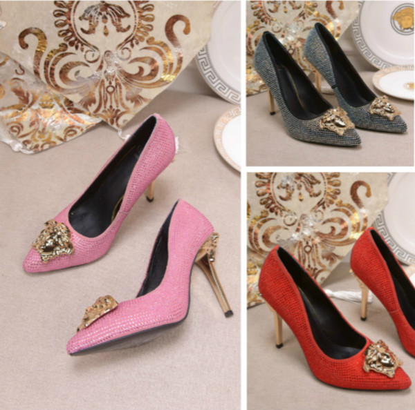 High-end custom high-heeled shoes new leather fashion shallow mouth rhinestone pointed stiletto catwalk factory direct 