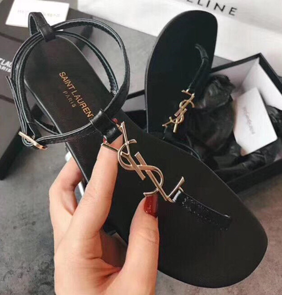 European and American sandals New metal letter flat bottom buckle with flat toe female shoes handmade sandals