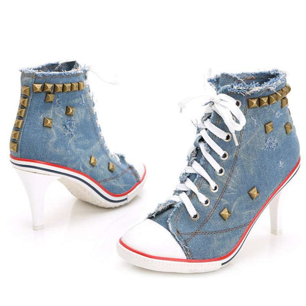 New Korean women's shoes denim high heels rivet tide canvas shoes new explosion models women's shoes Europe and America