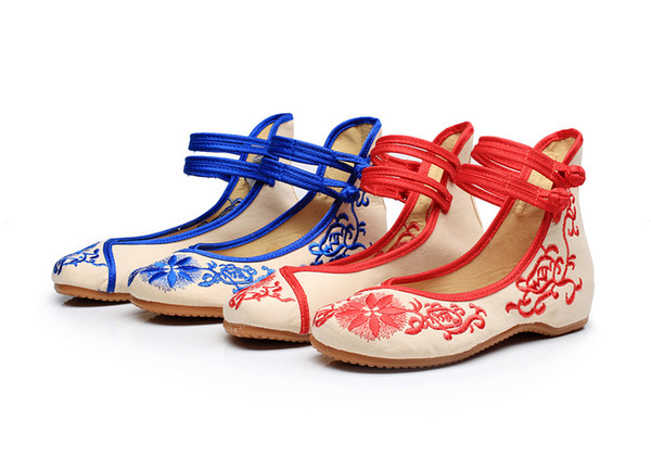 CEYANEAO Flowers Embroidered Women's Cotton Old Beijing Flats Vintage Ladies Casual Breathable Bridal Shoes with Double Buckles