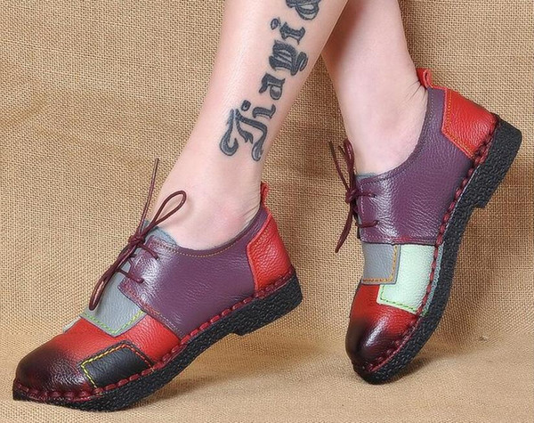 Women's Handmade Shoes Genuine Leather Flat Lacing Mother Shoes Woman Loafers Soft Single Casual Shoes Women Flats