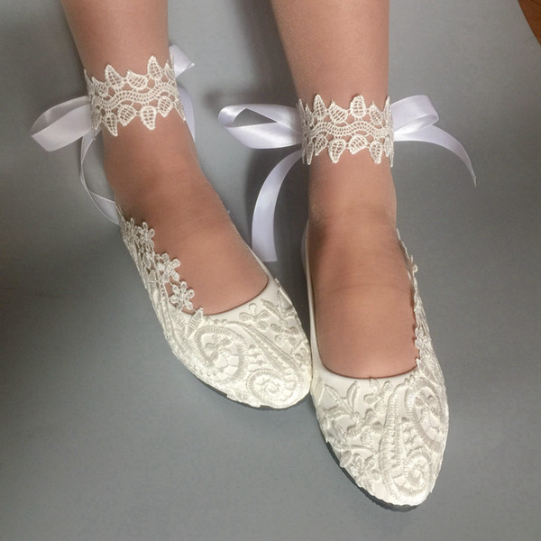 Handmade Women white ribbon Wedding shoes flat ballet lace flower Bridal Bridesmaid Fashion shoes size 35-41