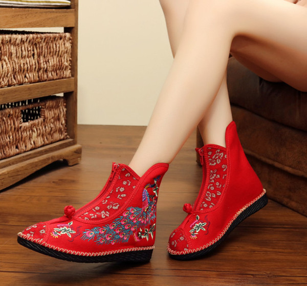 Handmade shoes Ultra light PU bottom zipper color matching national charm women's singles embroidered shoes shoe013