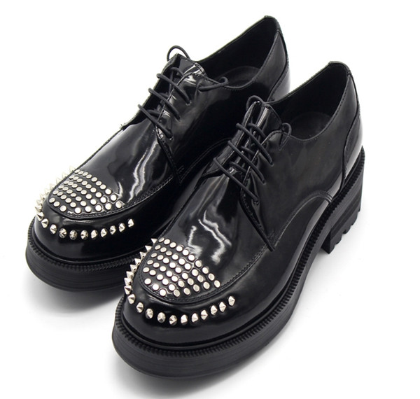 ch.kwok British fashion pure black rivets handmade men shoes lace-up round toes platform shoes men