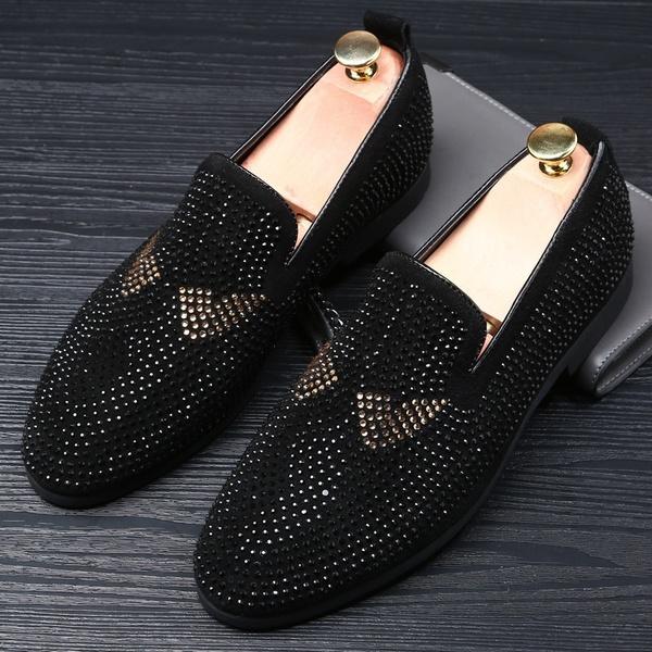 2017 New Men's Genuine Leather Loafers Casual Shoes Fashion Mens Rhinestone Driving Shoes Man Flats Dress Wedding Shoes