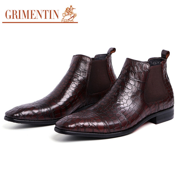 GRIMENTIN Hot Sale Dress Brown Mens Boots Fashion Designer Genuine Leather Crocodile Style Men Ankle Boots Black Italian Brand Mens Shoes