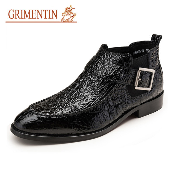 GRIMENTIN Hot Sale Fashion Brand Men Boots Patent Leather Crocodile Style Black Brown Dress Mens Ankles Boots Italian Designer Male Shoes