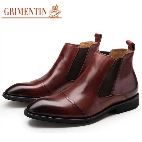 GRIMENTIN Brand vintage genuine leather mens dress boots sales brown black luxury wedding male ankle boots men shoes SH254