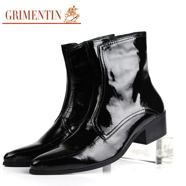 GRIMENTIN Mens patent leather boots hot sale brand pointed toe black formal business mens ankle boots fashion dress mens leather shoes