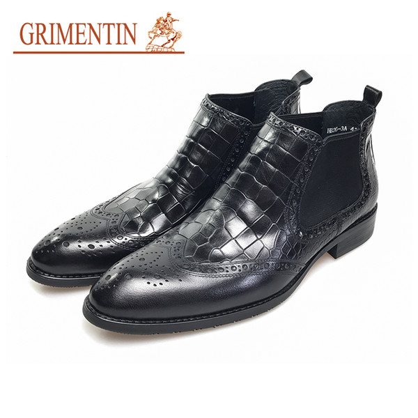 GRIMENTIN brand black crocodile boots for men genuine leather pointed toe italian business wedding ankle boots