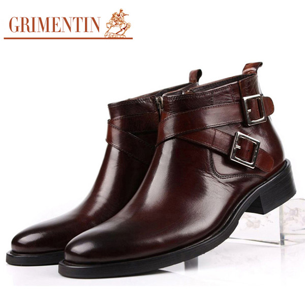 GRIMENTIN Hot sale brand mens boots genuine leather double buckle black brown men ankle boots for Italian fashion men dress shoes size:38-46