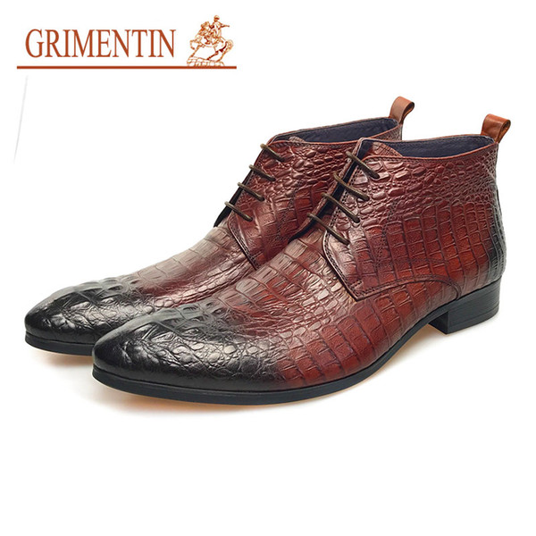 GRIMENTIN Luxury Winter men ankle boot shoes genuine leather brown lace up crocodile fashion business shoes formal shoes size:38-44 BH2