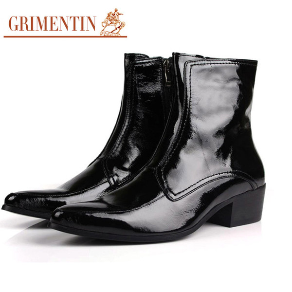 GRIMENTIN mens patent leather boots black pointed toe rubber sole british style business short ankle boots shoes male 2017 size:38-44 1ZB194