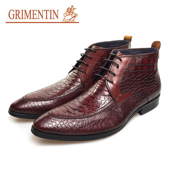 GRIMENTIN 2087 New brand crocodile ankle boots for men genuine leather brown lace up formal business shoes size:38-44 BH3