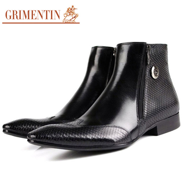 GRIMENTIN Mens Ankle Boots Italian Brand Fashion Designer Mens Dress Shoes 100% Genuine Leather Pointed Toe Black Brown Formal Men Boots