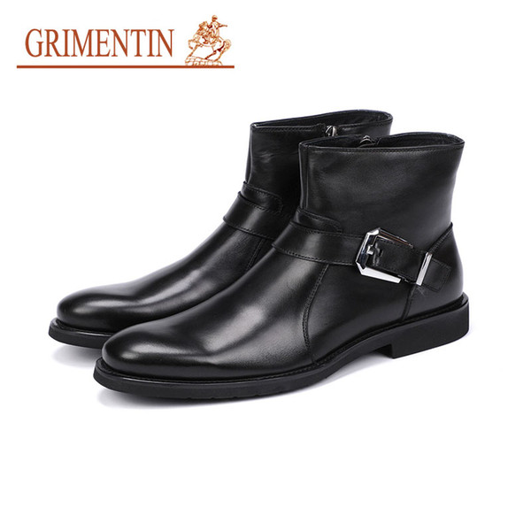 GRIMENTIN Brank Black Mens Boots Genuine Leather Men Ankle Boots Hot Sale With Zip Italian Style Buckle Business Wedding Office Male Shoes