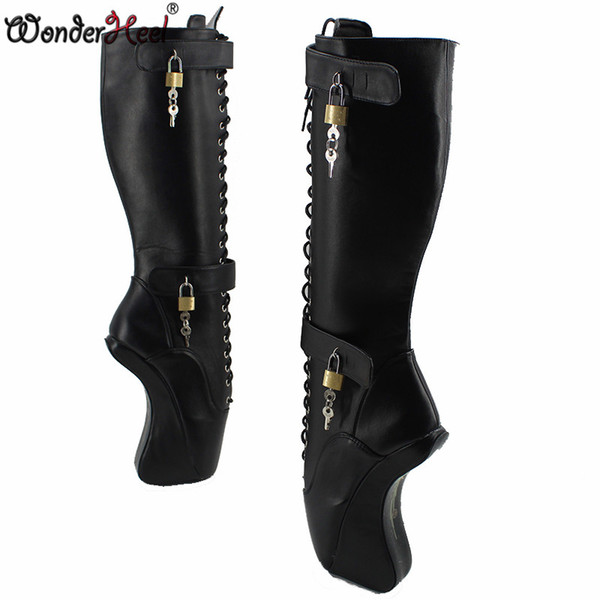 Wonderheel padlocks ballet shoes ultra high heel 18cm wedges BALLET Knee high Boots sexy fetish matt pu ballet show lacing boots