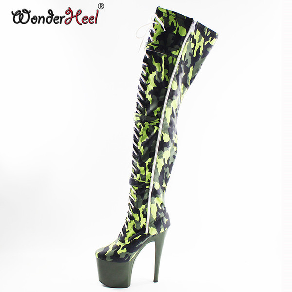 Wonderheel Extreme high heel 20cm stiletto heel platform buckles lace up over the knee military green thigh high boots