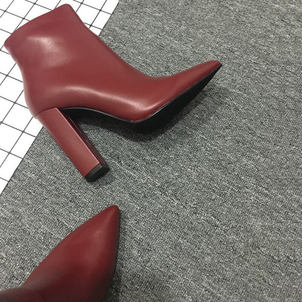 High Quality Cowskin Ankle Boot Fashion Pointed Toe 10CM Chunky Heel Women Pumps High Heels Dress Shoes Lady Wedding Shoes Black Red 2 Color