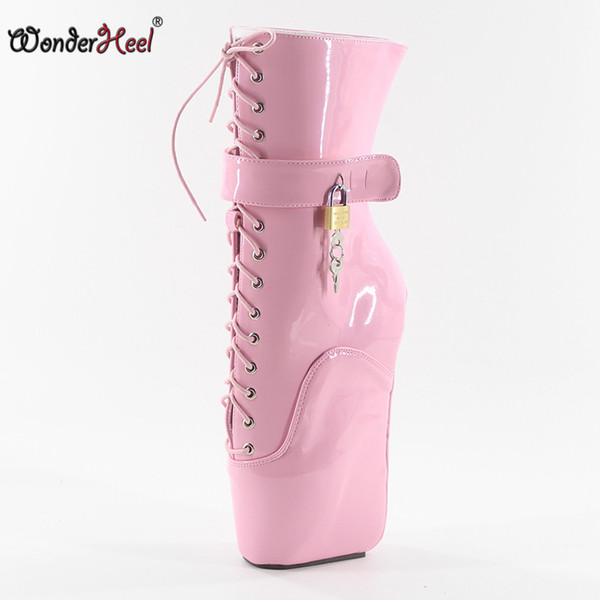 Wonderheel new 18cm wedges heel patent leather lace up locked padlocks ankle ballet boots sexy fetish women hot ballet boots