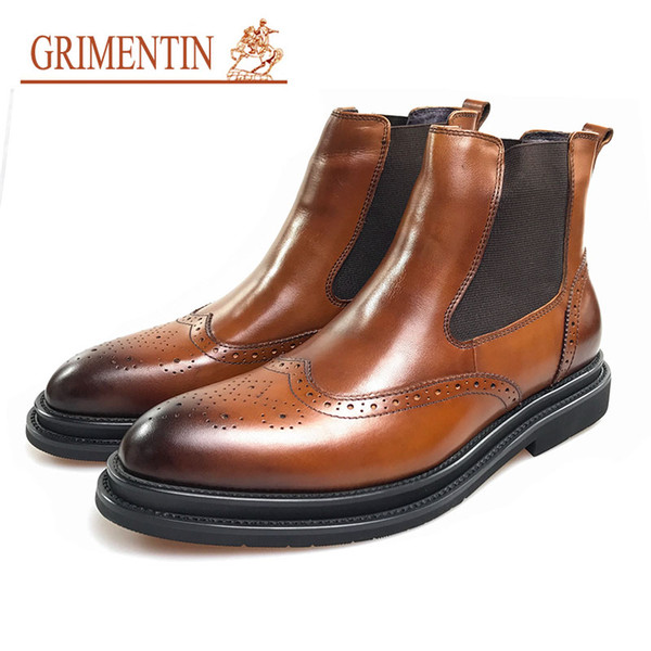 GRIMENTIN Hot sale brand men ankle boots genuine leather fashion designer men boots slip-on black brown formal business wedding men shoes CG