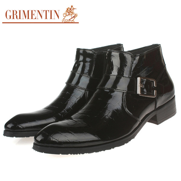 GRIMENTIN Patent leather crocodile grain mens boots hot sale brand zip black brown men ankle boots Italian formal business dress mens shoes