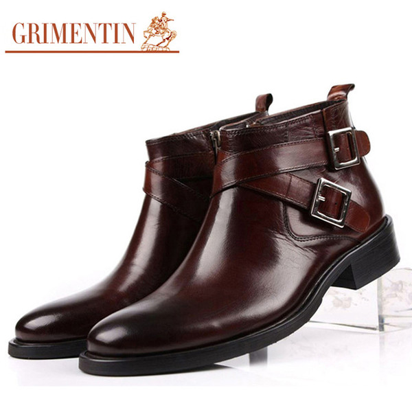 GRIMENTIN Hot sale brand mens boots fashion genuine leather double buckle black brown men ankle boots dress mens large size boots shoes