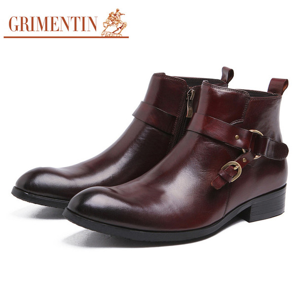 GRIMENTIN Fashion Brand Designer Dress Mens Boots Genuine Leather Buckle Zip Formal Business Men Ankle boots Hot Sale Black Brown Mens Shoes