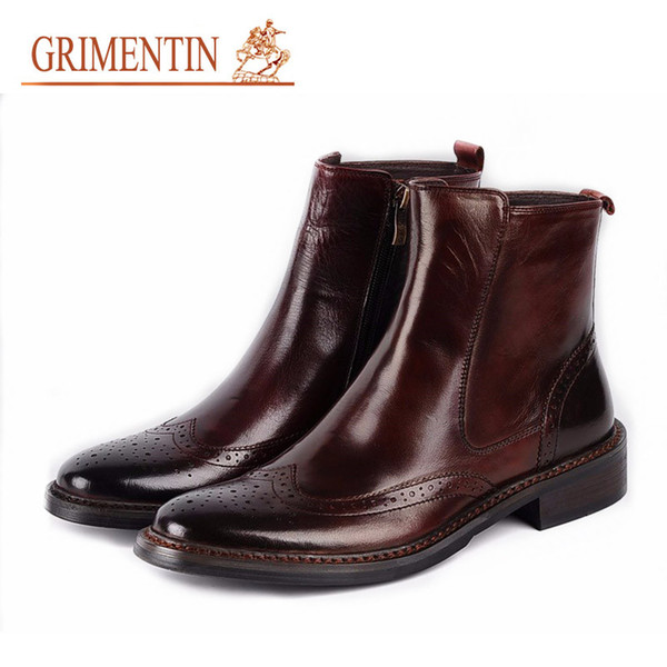 GRIMENTIN Hot Sale Dress Mens Boots Genuine Leather High Quality 2 Colors Italian Classic Wingtip Men Ankle Boots For Men Shoes Oxfords HM26