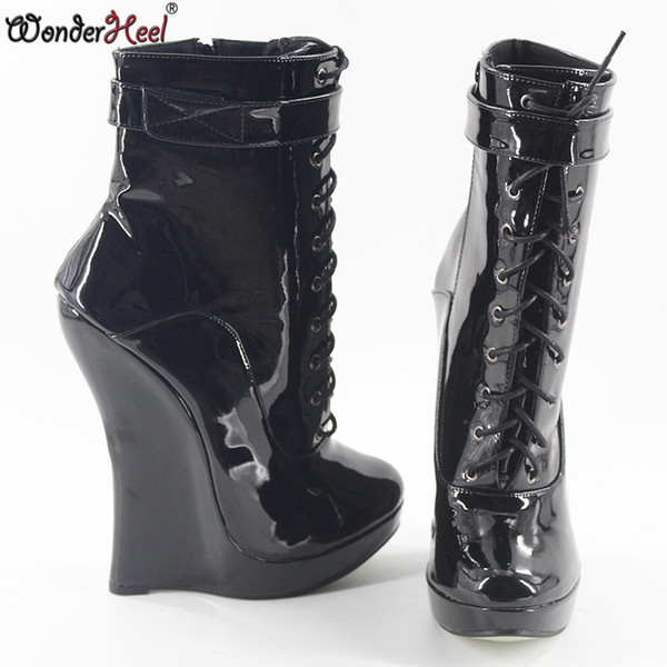 Wonderheel hot patent leather extreme high heel 18cm wedges heel with 3cm platform wedge ankle boots short boots women sexy boot