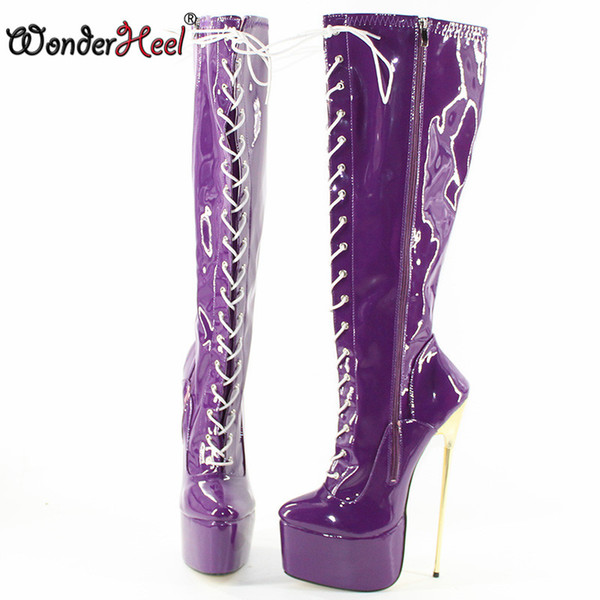 Wonderheel hot appr. 22cm heel extreme high heel patent pu Knee high boots lace up sexy fetish thin metal heel platform boots