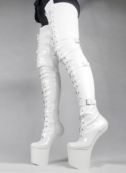 Wonderheel HOT women fashion boots leather White PU thigh high boots appr. 20cm heelless buckles patent shiny crotch boots