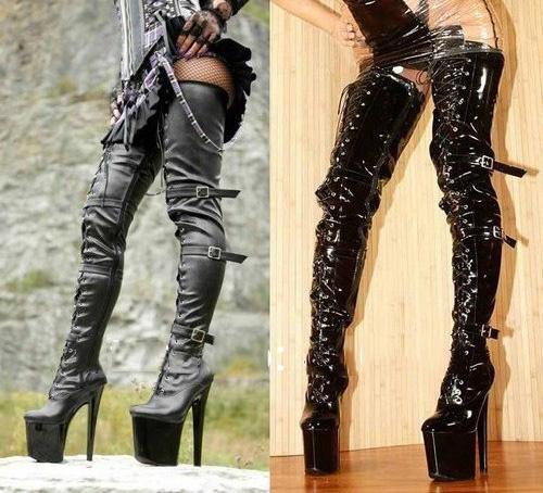 Wonderheel sexy fetish Women black shiny stylish lace up three buckles 20cm stiletto heel over the knee thigh high boots BDSM crotch boots