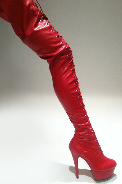 Wonderheel thigh high heel sexy 15cm heels RED MATTE platform boots LACE UP over the knee boot crotch boot drop