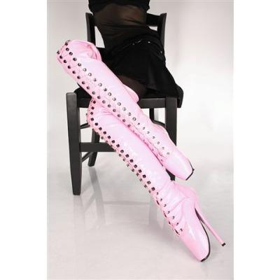 Wonderheel Extreme high heel pink patent leather over the knee 18cm spike heels fetish SM thigh high ballet boot crotch ballet boot